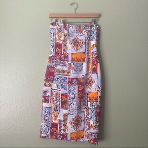 David Meister Strapless Mosaic Print Dress in White, Orange, Red, Blue